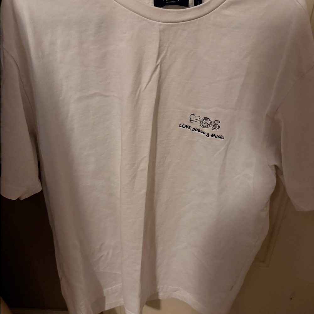 White Graphic Tee with Love Peace & Music Design